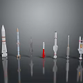 Multiple Space Rocket Models Of Different Colors And Designs Arranged On Black Background With Reflections